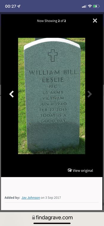 <i class="material-icons" data-template="memories-icon">account_balance</i><br/>William Leslie, Army<br/><div class='remember-wall-long-description'>
  To my sweet dad. There’s not a day that goes by that I don’t think of you. I love you.
 Shelly</div><a class='btn btn-primary btn-sm mt-2 remember-wall-toggle-long-description' onclick='initRememberWallToggleLongDescriptionBtn(this)'>Learn more</a>