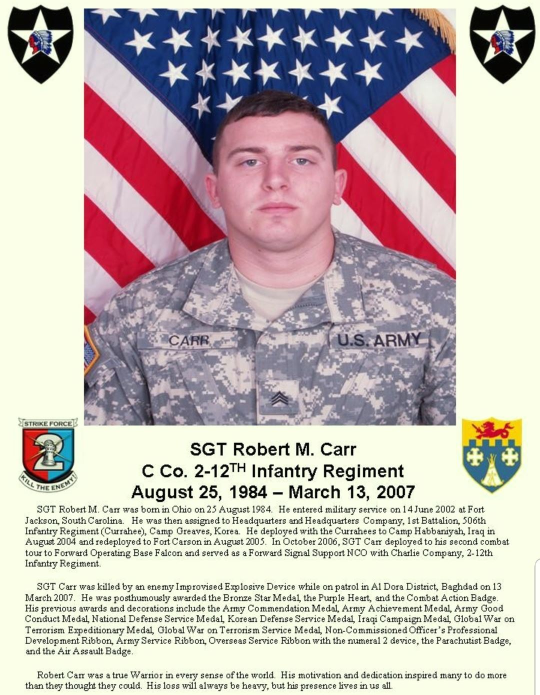 <i class="material-icons" data-template="memories-icon">account_balance</i><br/>Robert Carr, Army, SGT<br/>Posted by: Matthew Carr<br/><div class='remember-wall-long-description'>Live Free, Die Well.</div><a class='btn btn-primary btn-sm mt-2 remember-wall-toggle-long-description' onclick='initRememberWallToggleLongDescriptionBtn(this)'>Learn more</a>