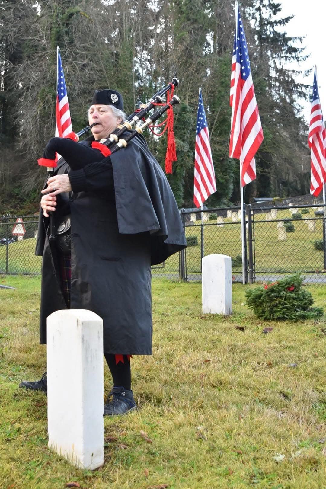 <p>Playing Amazing Grace during the 2024 Wreaths Across America Ceremony at the WA Soldier's Home Cemetery in Orting,&nbsp; WA.&nbsp;</p>