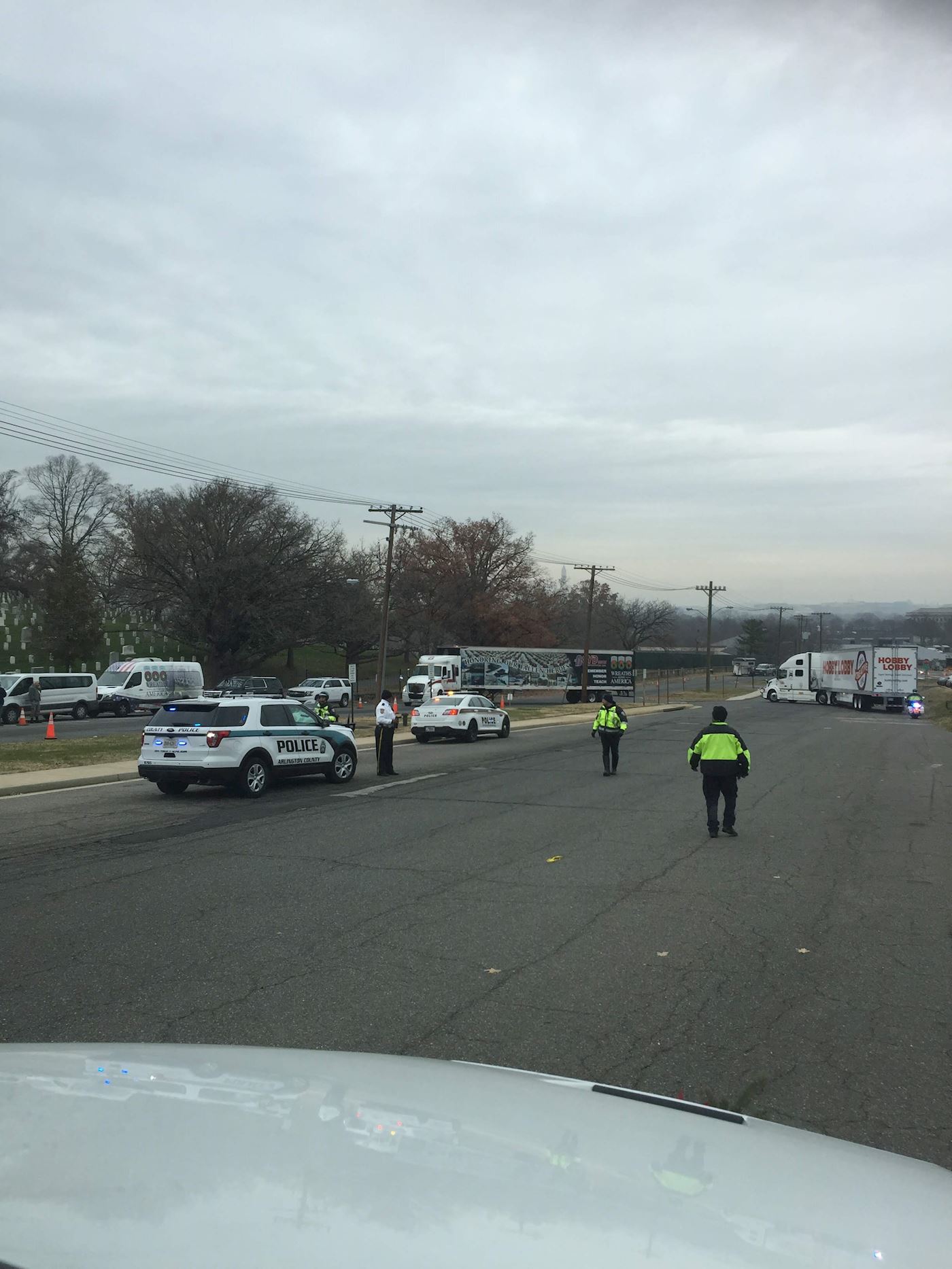 All the trucks going into Arlington just outside the gate in the staging area