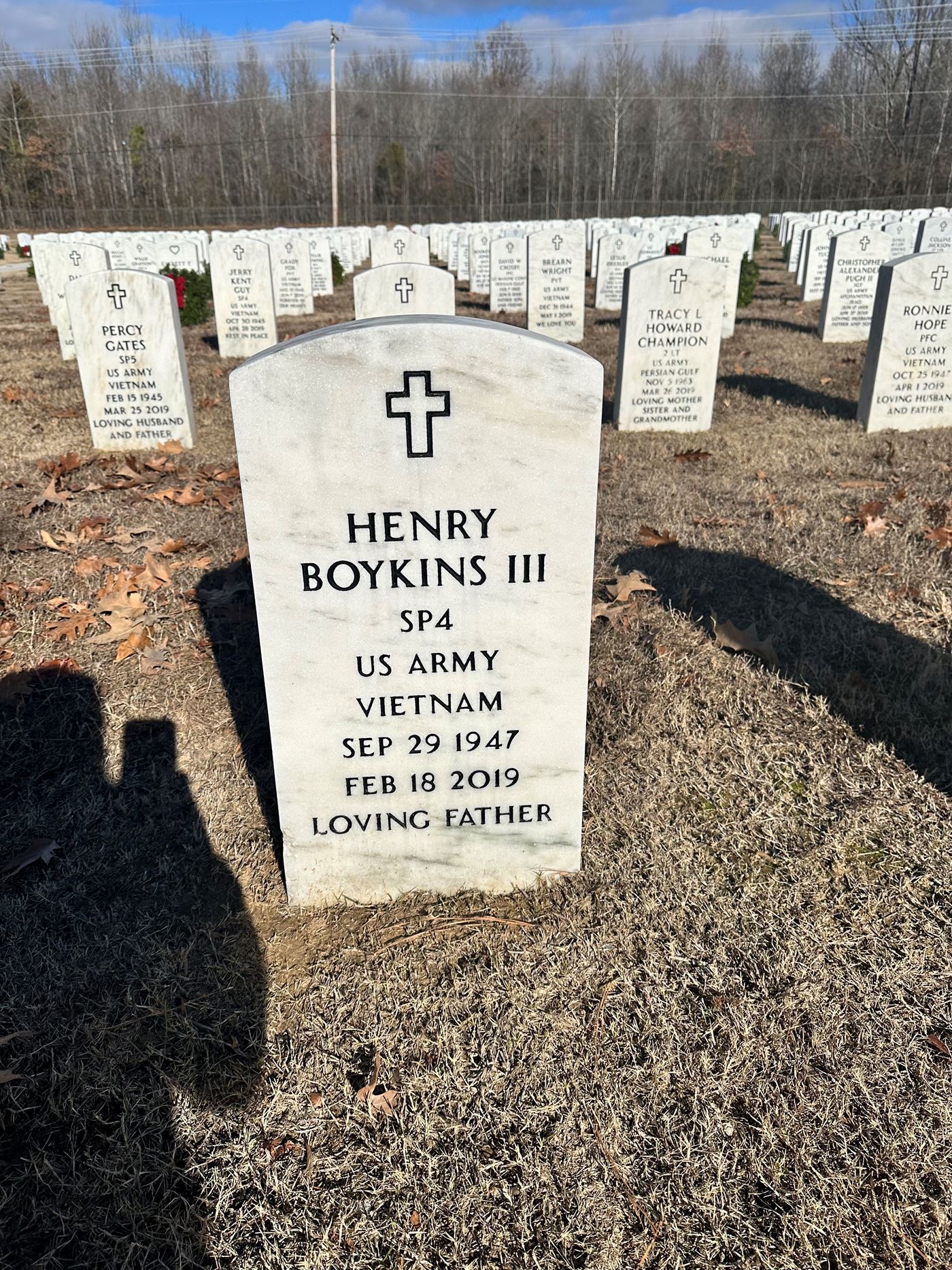 <i class="material-icons" data-template="memories-icon">account_balance</i><br/>Henry Boykins III, Army, SP4 US ARMY VIETNAM<br/>Born 9/29/1947<br/>Passed on 2/18/2019<br/>Posted by: Tiffany Glover<br/><div class='remember-wall-long-description'>In memory of Henry Boykins III, loving Father and Grandfather. We love and miss you always and forever.</div><a class='btn btn-primary btn-sm mt-2 remember-wall-toggle-long-description' onclick='initRememberWallToggleLongDescriptionBtn(this)'>Learn more</a>