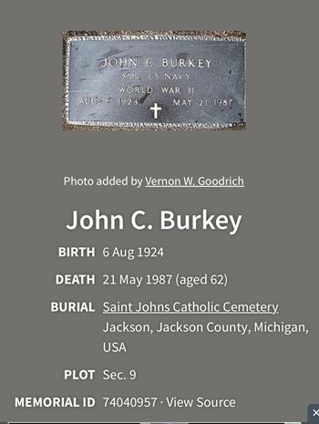 <i class="material-icons" data-template="memories-icon">account_balance</i><br/>John C Burkey, Navy<br/><div class='remember-wall-long-description'>John C. Burkey—thank you for your service to our Country. We love & miss you! Chris & Terry & family</div><a class='btn btn-primary btn-sm mt-2 remember-wall-toggle-long-description' onclick='initRememberWallToggleLongDescriptionBtn(this)'>Learn more</a>