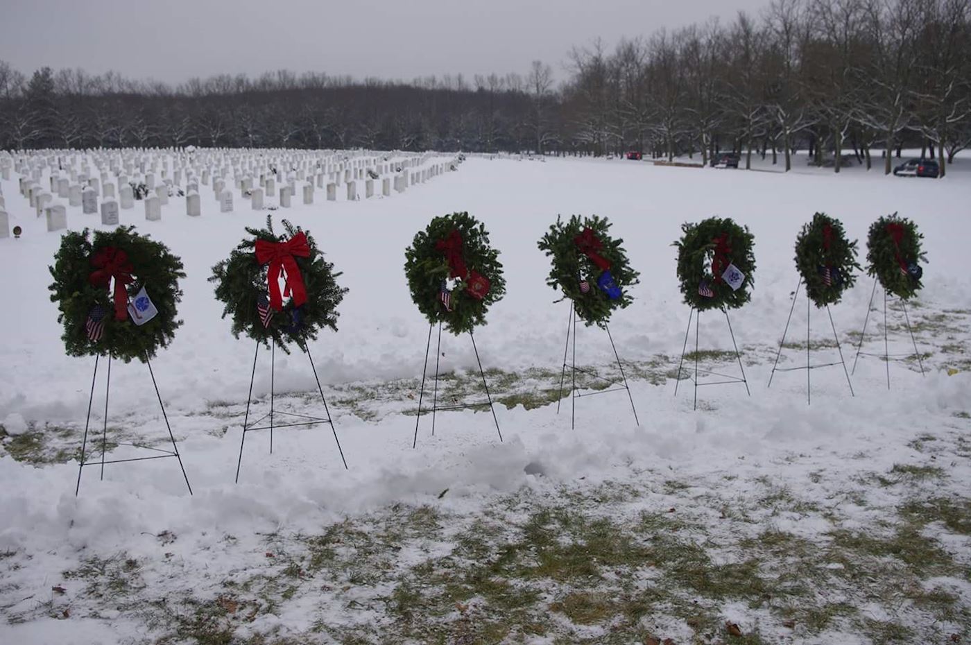Ceremonial wreaths placed by Royal Charter Composite Squadron, Civil Air Patrol, US Air Force Auxiliary Cadets at the State Veterans Cemetery in Middletown on national Wreaths Across America Day December 17, 2016