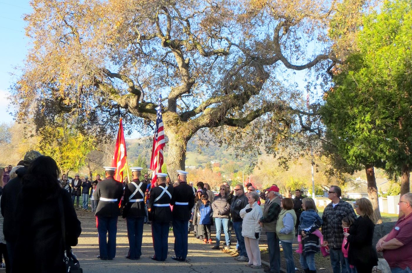 The color guard passes by a quiet crowd dedicated to honoring our veterans and remembering their service.  Mt. Hope Cemetery, Morgan Hill, California