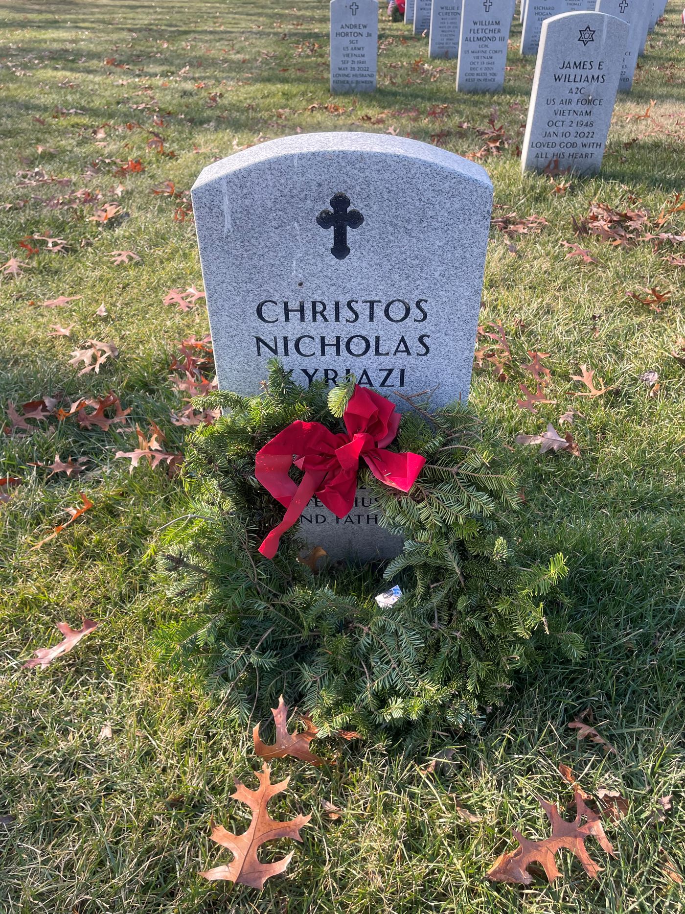 <i class="material-icons" data-template="memories-icon">chat_bubble</i><br/>Christos Nicholas Kyriazi<br/><div class='remember-wall-long-description'>In memory of Christos N. Kyriazi. Beloved husband, father and grandfather. May God bless you. We love you and miss you every day.</div><a class='btn btn-primary btn-sm mt-2 remember-wall-toggle-long-description' onclick='initRememberWallToggleLongDescriptionBtn(this)'>Learn more</a>