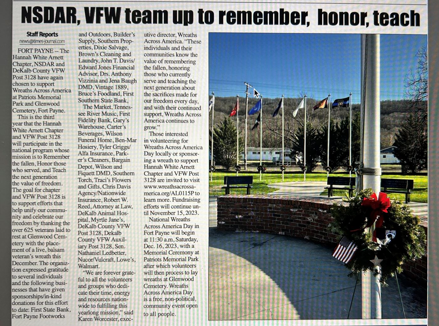Times-Journal article published 11/15/23 featuring WAA Day event in Fort Payne, AL<div><br></div>