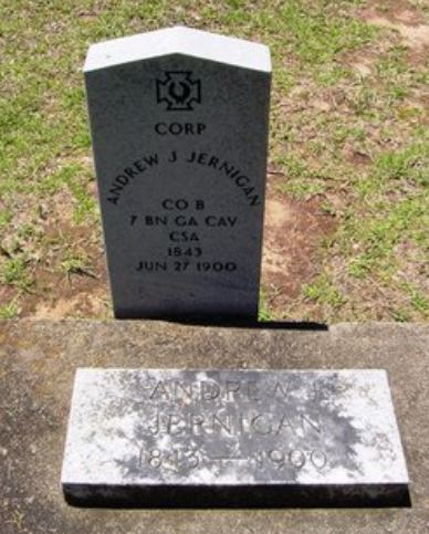 <i class="material-icons" data-template="memories-icon">chat_bubble</i><br/>Andrew J. Jernigan<br/><div class='remember-wall-long-description'>Andrew J. Jernigan - CO B F Battalion  0GA Calvary -C.S.A.  -  1843 - June 27, 1900-  (Old City Cemetery, Sandersville, GA)</div><a class='btn btn-primary btn-sm mt-2 remember-wall-toggle-long-description' onclick='initRememberWallToggleLongDescriptionBtn(this)'>Learn more</a>