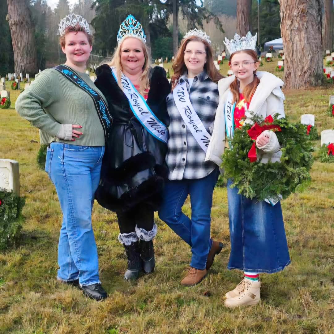 Four members of the NW Royal Miss Pageant posed for a photo after participating in this year's Wreaths Across America Ceremony at the WA Soldier's Home Cemetery in Orting,&nbsp; WA.&nbsp;