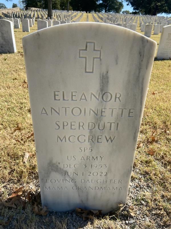 <i class="material-icons" data-template="memories-icon">account_balance</i><br/>Eleanor McGrew, Army, SP5<br/>Born 12/3/1953<br/>Passed on 6/1/2022<br/><div class='remember-wall-long-description'>
  Mama,l</div><a class='btn btn-primary btn-sm mt-2 remember-wall-toggle-long-description' onclick='initRememberWallToggleLongDescriptionBtn(this)'>Learn more</a>