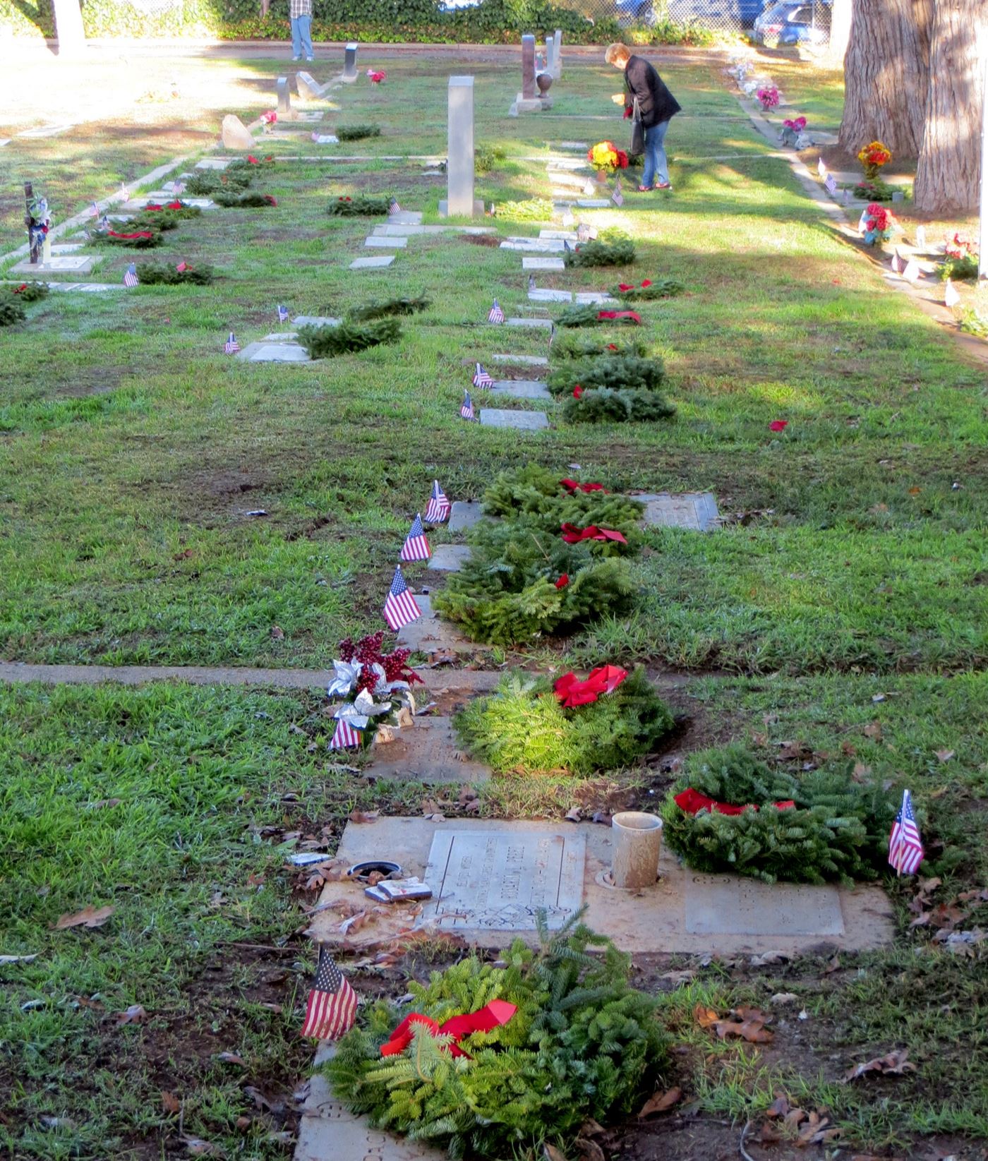 Laying wreaths in the cool morning air, Mt. Hope Cemetery, Morgan Hill