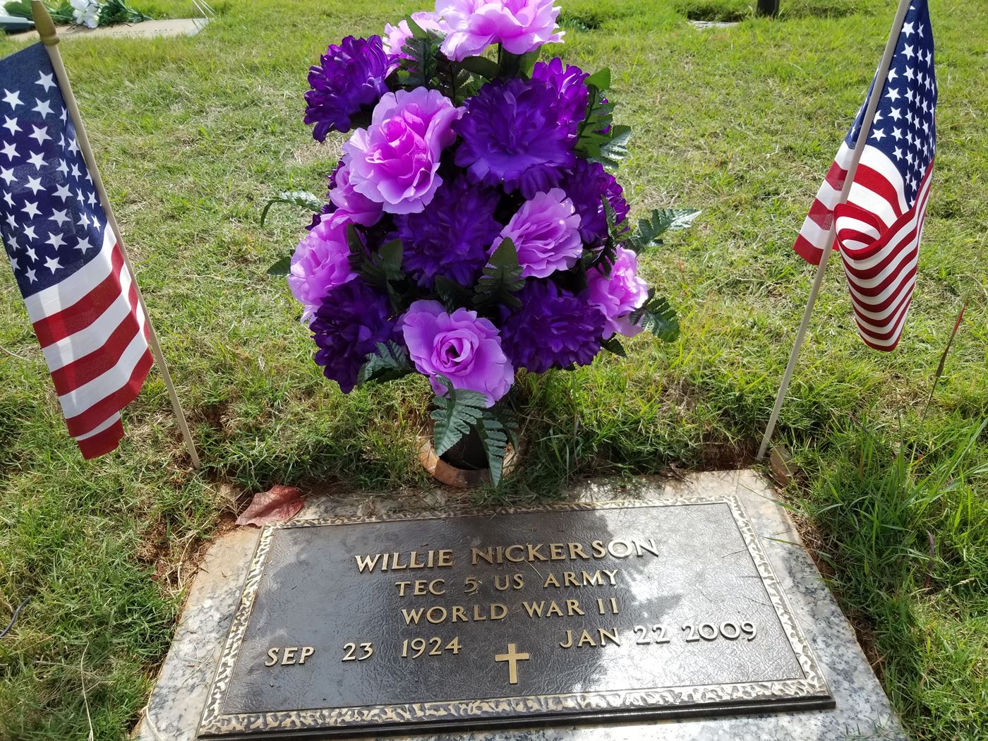 <i class="material-icons" data-template="memories-icon">stars</i><br/>WILLIE NICKERSON<br/>Born 9/23/1924<br/>Passed on 1/22/2009<br/>Posted by: Cynthia N.<br/><div class='remember-wall-long-description'>Deacon/ Mr. Willie Nickerson
TEC 5 US ARMY
WORLD WAR II 
Sep 23,1924-Jan 22,2009  
We love and miss you, Daddy.
Continue to rest in peace, Your loving family.</div><a class='btn btn-primary btn-sm mt-2 remember-wall-toggle-long-description' onclick='initRememberWallToggleLongDescriptionBtn(this)'>Learn more</a>