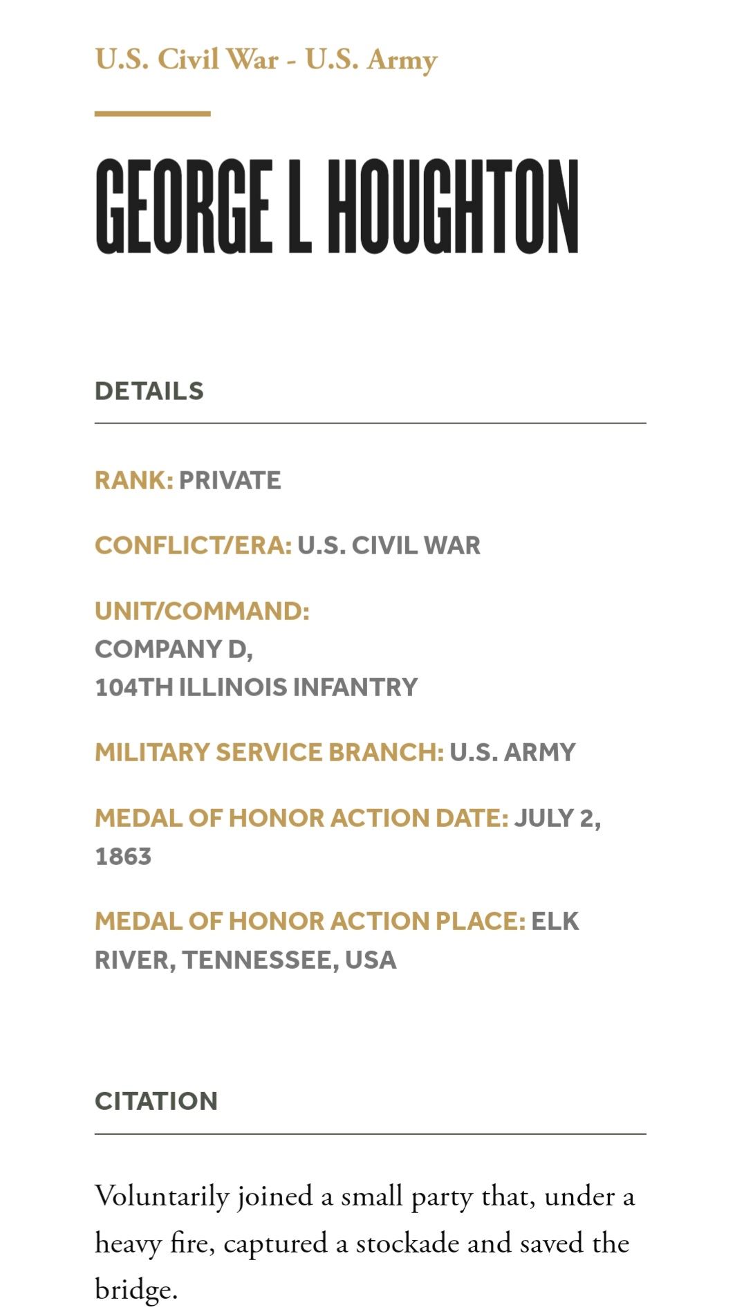 <i class="material-icons" data-template="memories-icon">account_balance</i><br/>George Houghton, Army<br/><div class='remember-wall-long-description'>
15 Wreaths sponsored in Memoriam of SGT George Houghton, awarded the Medal of Honor for capturing a Confederate stockade and saving the Elk River Bridge on July 2, 1863.</div><a class='btn btn-primary btn-sm mt-2 remember-wall-toggle-long-description' onclick='initRememberWallToggleLongDescriptionBtn(this)'>Learn more</a>