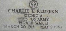 <i class="material-icons" data-template="memories-icon">cloud</i><br/>Charlie E.  Redfern<br/><div class='remember-wall-long-description'>Charlie E. Redfern - Technician 5th Grade - United States Army - World War II - March 20, 1915 - May 9, 1963</div><a class='btn btn-primary btn-sm mt-2 remember-wall-toggle-long-description' onclick='initRememberWallToggleLongDescriptionBtn(this)'>Learn more</a>