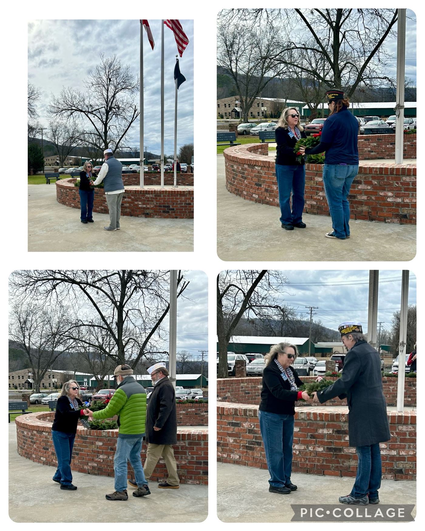 Diane Hill, HWA DAR Service to Veterans Chair, presents wreaths to veterans to place at flags for Army, Marines, Air Force, Space Force