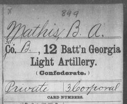 <i class="material-icons" data-template="memories-icon">chat_bubble</i><br/>Bluford A. Mathis<br/><div class='remember-wall-long-description'>Bluford A. Mathis Private/Corporal Co. B, 12th Battalion Georgia Light Artillery Confederate States of America February 21st, 1830 - May 28th, 1871He enlisted May 21st, 1862 as a Private in Sandersville. He was promoted t 3rd Corporal, on April 1st, 1863. On September 22nd, 1864, he was captured at Fishing Hill, Virginia.</div><a class='btn btn-primary btn-sm mt-2 remember-wall-toggle-long-description' onclick='initRememberWallToggleLongDescriptionBtn(this)'>Learn more</a>