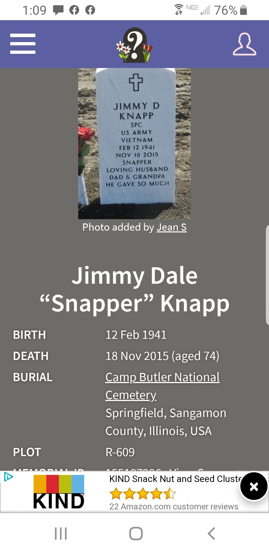 <i class="material-icons" data-template="memories-icon">stars</i><br/>Jimmy Knapp, Army, Spc<br/>Born 2/12/1941<br/>Passed on 11/18/2015<br/>Posted by: Shawna Knapp<br/><div class='remember-wall-long-description'>Thank you for providing this wonderful service and shared opportunity.</div><a class='btn btn-primary btn-sm mt-2 remember-wall-toggle-long-description' onclick='initRememberWallToggleLongDescriptionBtn(this)'>Learn more</a>