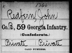 <i class="material-icons" data-template="memories-icon">account_balance</i><br/>John  Redfern<br/><div class='remember-wall-long-description'>John Redfern - Private - 59th GA Infantry, Co. B - Confederate States of America - Wounded at Gettysburg - August 17th, 1827 - September 25th, 1910</div><a class='btn btn-primary btn-sm mt-2 remember-wall-toggle-long-description' onclick='initRememberWallToggleLongDescriptionBtn(this)'>Learn more</a>