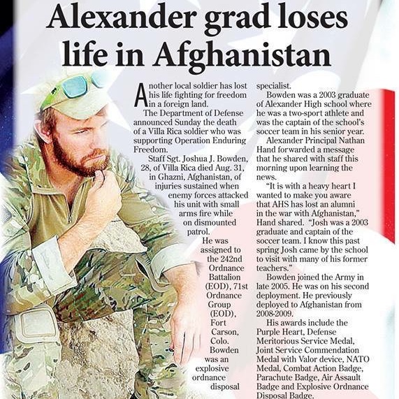 <i class="material-icons" data-template="memories-icon">chat_bubble</i><br/>SSG Joshua J Bowden Army, EOD, <br/>Posted by: Yolanda W Bowden<br/><div class='remember-wall-long-description'>In honor of Jessie, in memory of Josh, his teammate.</div><a class='btn btn-primary btn-sm mt-2 remember-wall-toggle-long-description' onclick='initRememberWallToggleLongDescriptionBtn(this)'>Learn more</a>