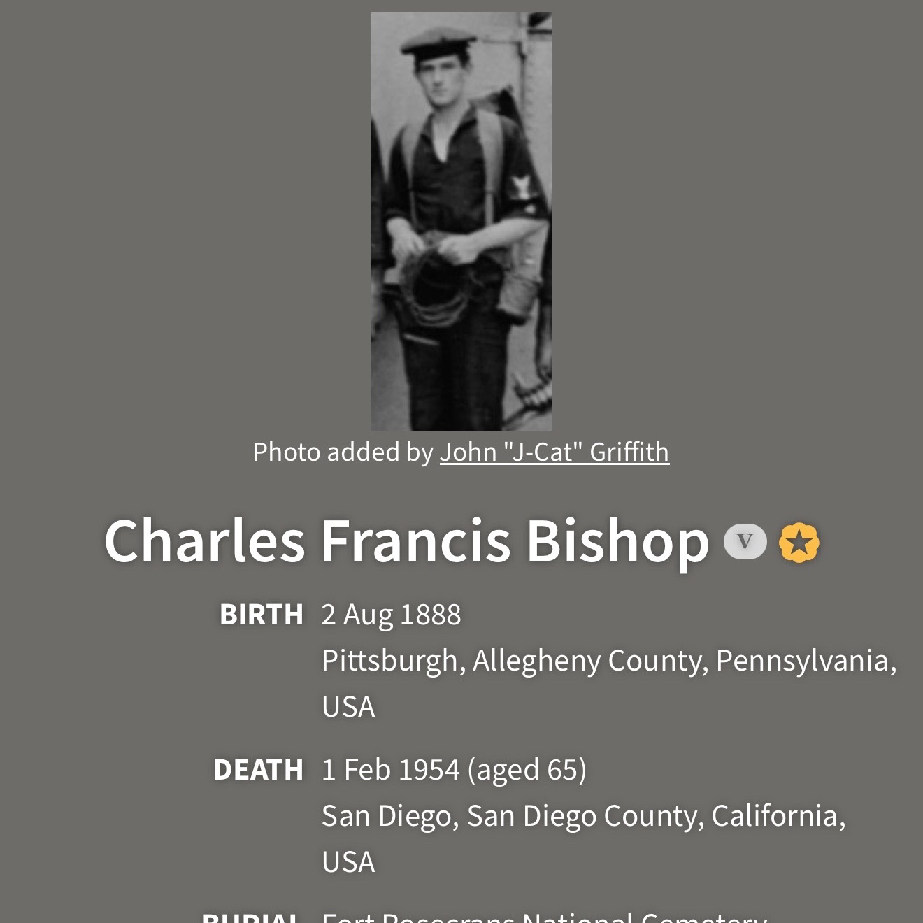 <i class="material-icons" data-template="memories-icon">chat_bubble</i><br/>Charles Bishop, Commander <br/>Born 8/7/1888<br/>Passed on 2/1/1954<br/>Posted by: Barbara L Channell<br/><div class='remember-wall-long-description'>Medal of Honor recipient</div><a class='btn btn-primary btn-sm mt-2 remember-wall-toggle-long-description' onclick='initRememberWallToggleLongDescriptionBtn(this)'>Learn more</a>