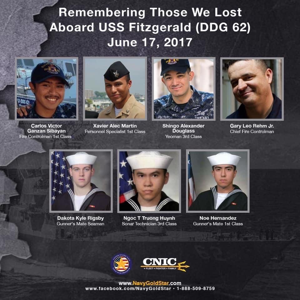 <i class="material-icons" data-template="memories-icon">chat_bubble</i><br/>Carlos Sibayan, Xavier Martin, Shingo Douglass, Gary Rehm, Dakota Rigsby, Tan Huynh, and Noe Hernandez, Navy, <br/>Posted by: Nikki Rigsby<br/><div class='remember-wall-long-description'>In loving memory of the 7 sailors, Carlos Sibayan, Xavier Martin, Shingo Douglass, Gary Rehm, Dakota Rigsby, Tan Huynh, and Noe Hernandez, killed on the USS Fitzgerald DDG 62 on June 17, 2017.</div><a class='btn btn-primary btn-sm mt-2 remember-wall-toggle-long-description' onclick='initRememberWallToggleLongDescriptionBtn(this)'>Learn more</a>