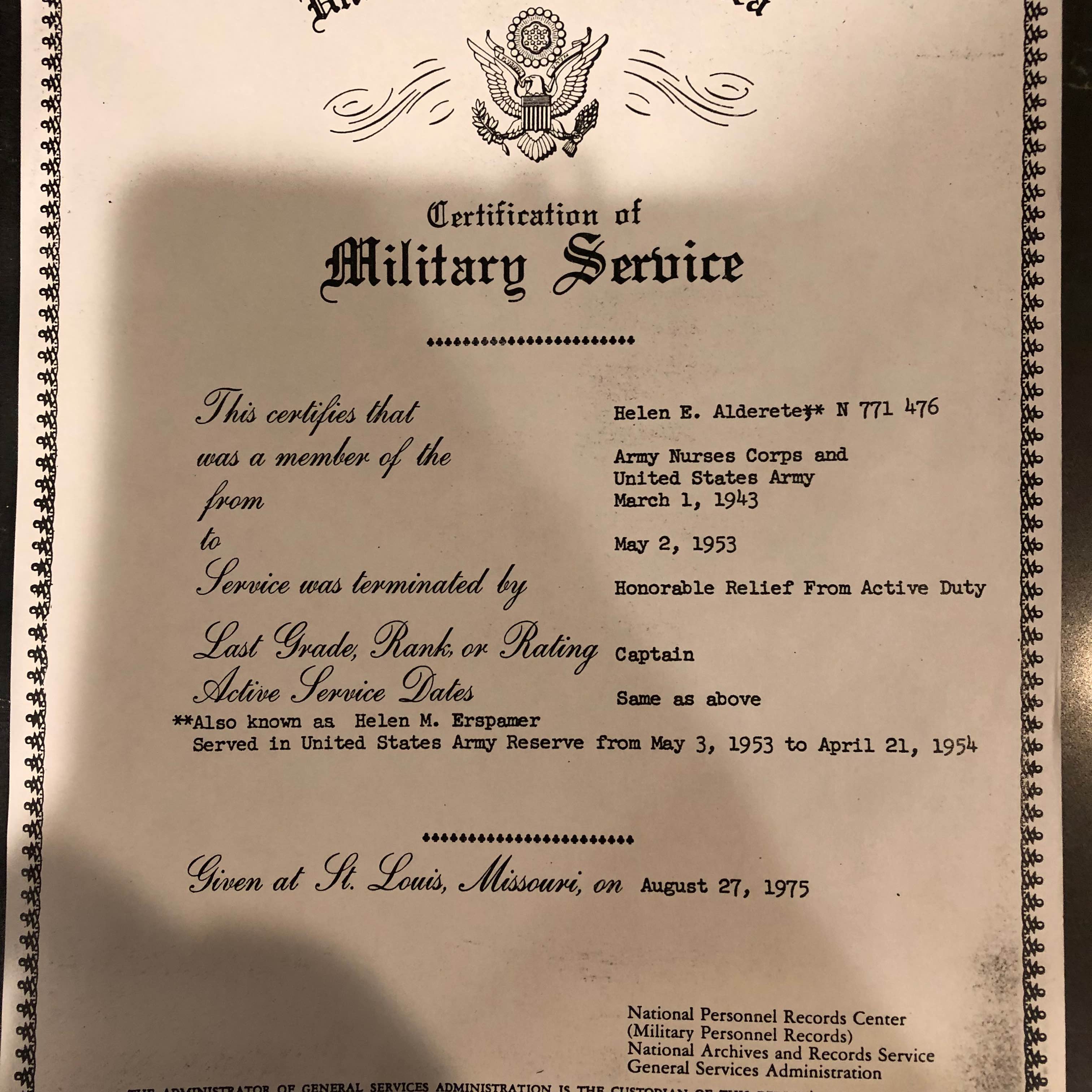 <i class="material-icons" data-template="memories-icon">chat_bubble</i><br/>Helen Marie Alderete, Army, CPT<br/>Posted by: Mary Alderete<br/><div class='remember-wall-long-description'>You served your country and your family proudly!</div><a class='btn btn-primary btn-sm mt-2 remember-wall-toggle-long-description' onclick='initRememberWallToggleLongDescriptionBtn(this)'>Learn more</a>