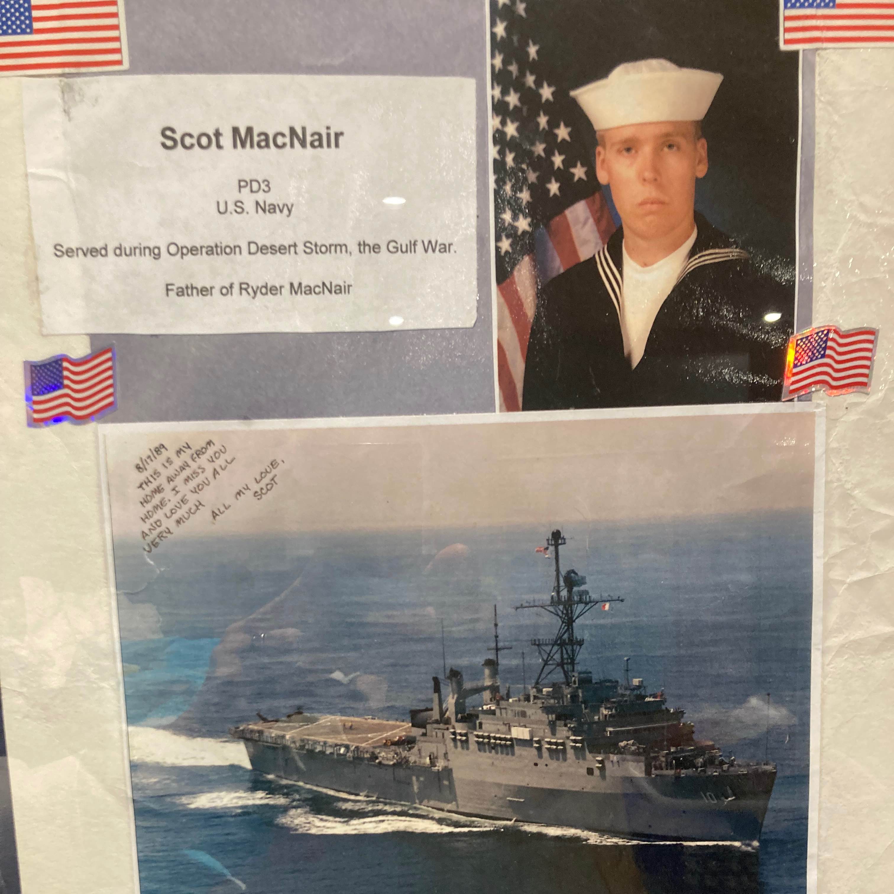 <i class="material-icons" data-template="memories-icon">chat_bubble</i><br/>James Scot MacNair, Navy, PD3<br/>Posted by: Rachel MacNair<br/><div class='remember-wall-long-description'>Merry Christmas Scottie,We remember and honor your and all Veteranssacrifices and bravery. We love and miss you endlessly. Always in our hearts.</div><a class='btn btn-primary btn-sm mt-2 remember-wall-toggle-long-description' onclick='initRememberWallToggleLongDescriptionBtn(this)'>Learn more</a>