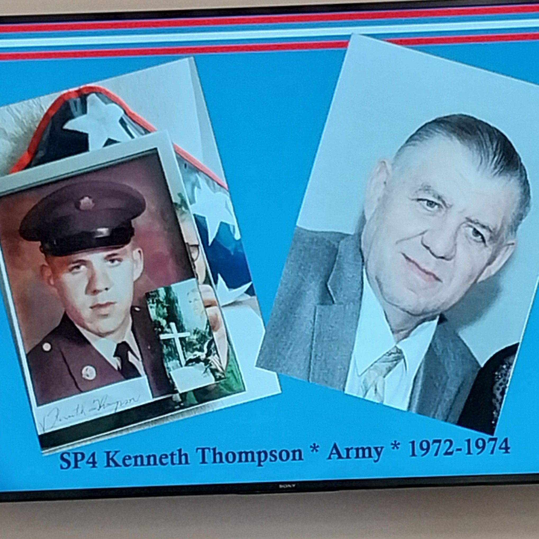 <i class="material-icons" data-template="memories-icon">chat_bubble</i><br/>Kenneth A Thompson, Army, Sp4<br/>Born 6/13/1952<br/>Passed on 5/21/2024<br/>Posted by: Norma<br/><div class='remember-wall-long-description'>Think of you many times a day...</div><a class='btn btn-primary btn-sm mt-2 remember-wall-toggle-long-description' onclick='initRememberWallToggleLongDescriptionBtn(this)'>Learn more</a>