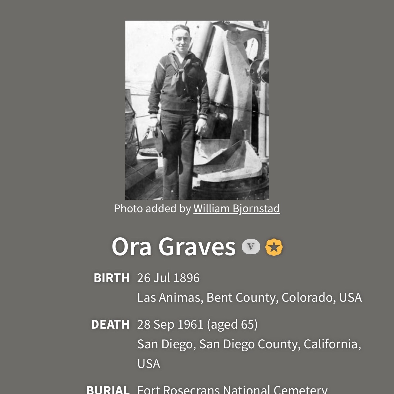 <i class="material-icons" data-template="memories-icon">chat_bubble</i><br/>Ora Graves, Navy, Seaman<br/>Born 7/26/1896<br/>Passed on 9/28/1961<br/>Posted by: Barbara L Channell<br/><div class='remember-wall-long-description'>Medal of Honor recipient</div><a class='btn btn-primary btn-sm mt-2 remember-wall-toggle-long-description' onclick='initRememberWallToggleLongDescriptionBtn(this)'>Learn more</a>