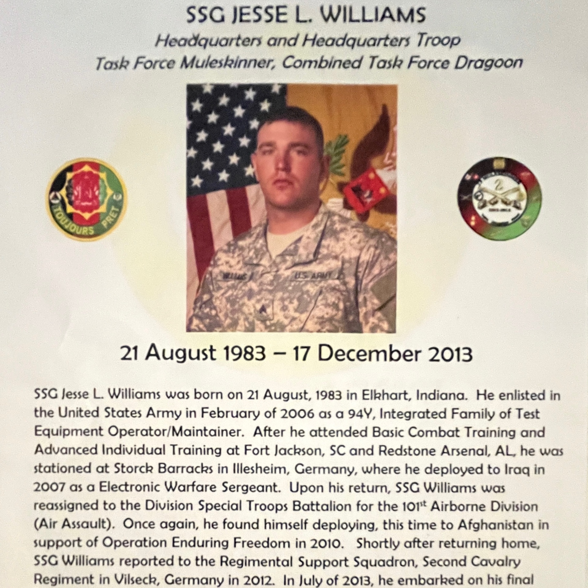 <i class="material-icons" data-template="memories-icon">chat_bubble</i><br/>Jesse Lee Williams, Army, Staff Sergeant <br/><div class='remember-wall-long-description'>…Then I heard the voice of the Lord saying, “Whom shall I send? And who will go for us?” And I said, “Here am I. Send me!”…</div><a class='btn btn-primary btn-sm mt-2 remember-wall-toggle-long-description' onclick='initRememberWallToggleLongDescriptionBtn(this)'>Learn more</a>