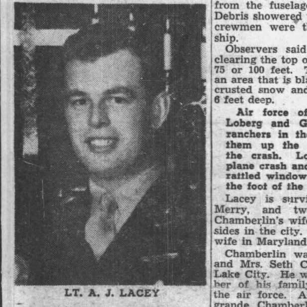 <i class="material-icons" data-template="memories-icon">chat_bubble</i><br/>Arthur John Lacey, Air Force, Lieutenant<br/>Posted by: Cheryl Roman<br/><div class='remember-wall-long-description'>Arthur served in the Air Force 1943-1950. He passed away while on duty in Montana when the C-54 he was flying crashed into the top of a mountain. He was 25 years old.</div><a class='btn btn-primary btn-sm mt-2 remember-wall-toggle-long-description' onclick='initRememberWallToggleLongDescriptionBtn(this)'>Learn more</a>