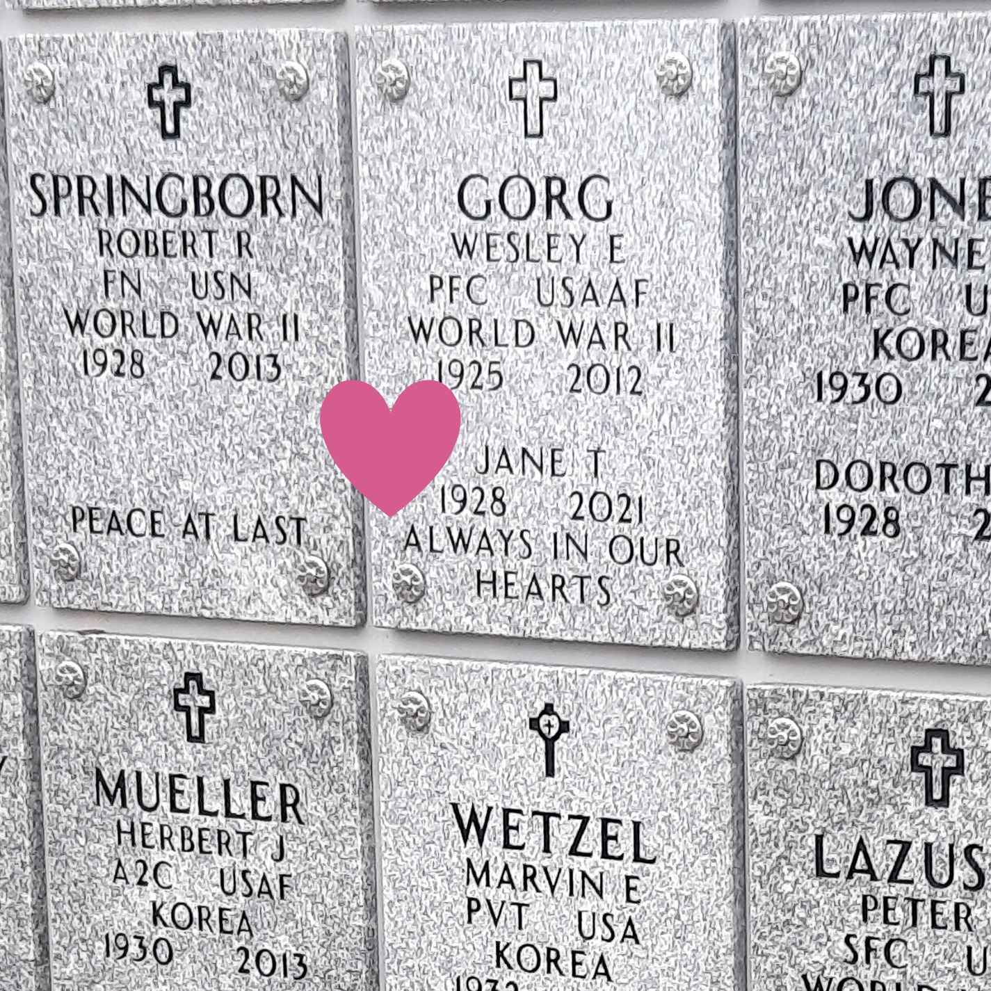 <i class="material-icons" data-template="memories-icon">chat_bubble</i><br/>Wesley E Gorg, Army, PFC<br/>Posted by: Janet, Jeanne, Joanne and June<br/><div class='remember-wall-long-description'>Our Father and our Mother. Merry Christmas from your daughters.</div><a class='btn btn-primary btn-sm mt-2 remember-wall-toggle-long-description' onclick='initRememberWallToggleLongDescriptionBtn(this)'>Learn more</a>