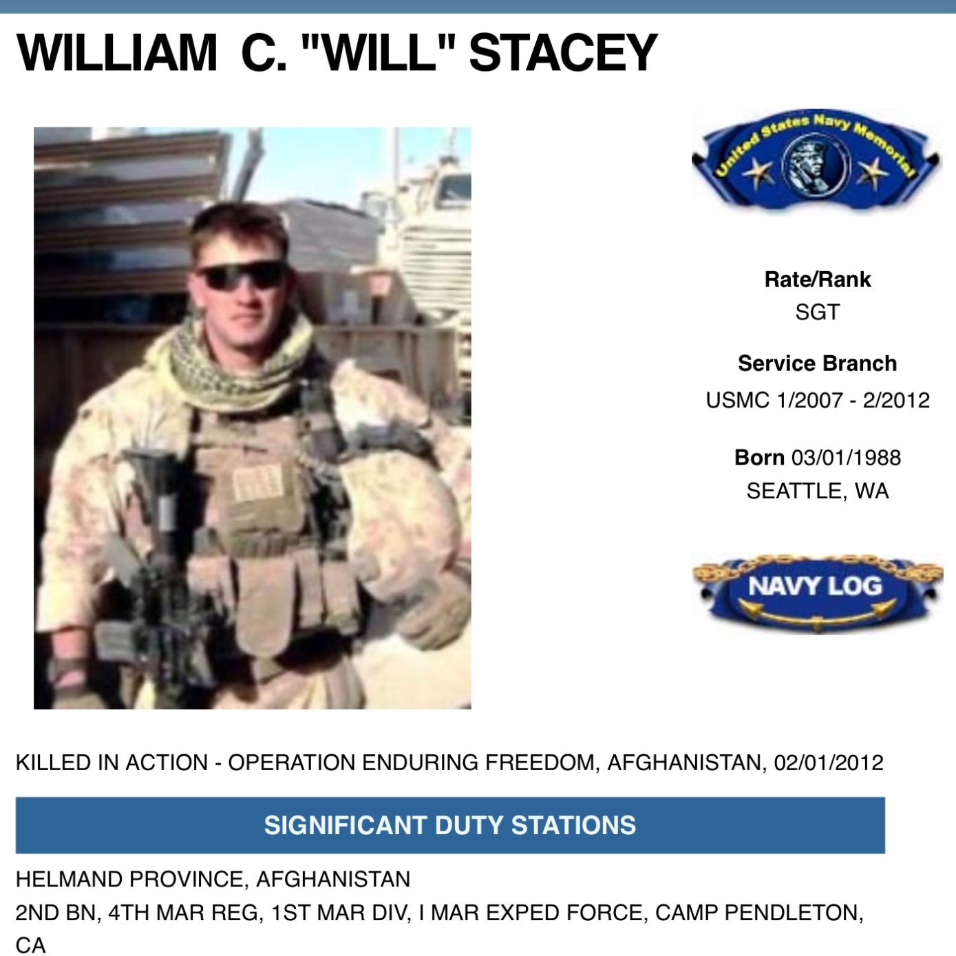<i class="material-icons" data-template="memories-icon">chat_bubble</i><br/>Posted by: Moira Jacobs<br/><div class='remember-wall-long-description'>https://navylog.navymemorial.org/stacey-william"My death did not change the world. It may be tough for you to justify its meaning at all. But there is a greater meaning. Perhaps there is still injustice in the world. But there will be a child who will live because men left the security they enjoyed in their home country to come to his. And this child will learn in the new schools that have been built.... He will grow into a fine man who will pursue every opportunity his heart could desire….He will have the gift of freedom, which I have enjoyed for so long. If my life buys the safety of a child who will one day change the world, then I know that it was all worth it." By William Stacey to his family</div><a class='btn btn-primary btn-sm mt-2 remember-wall-toggle-long-description' onclick='initRememberWallToggleLongDescriptionBtn(this)'>Learn more</a>