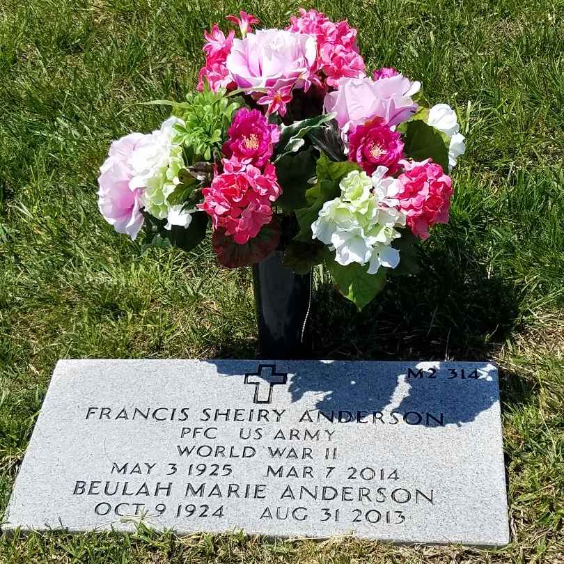 <i class="material-icons" data-template="memories-icon">chat_bubble</i><br/>FRANCIS SHEIRY ANDERSON, Army, PFC<br/>Born 5/3/1925<br/>Passed on 3/7/2014<br/><div class='remember-wall-long-description'>In Loving Memory of Dad &amp; Mom ~"You Both Live In Our Hearts Forever &amp; We Are Grateful For Your Service To Our Country."

The Anderson Family</div><a class='btn btn-primary btn-sm mt-2 remember-wall-toggle-long-description' onclick='initRememberWallToggleLongDescriptionBtn(this)'>Learn more</a>