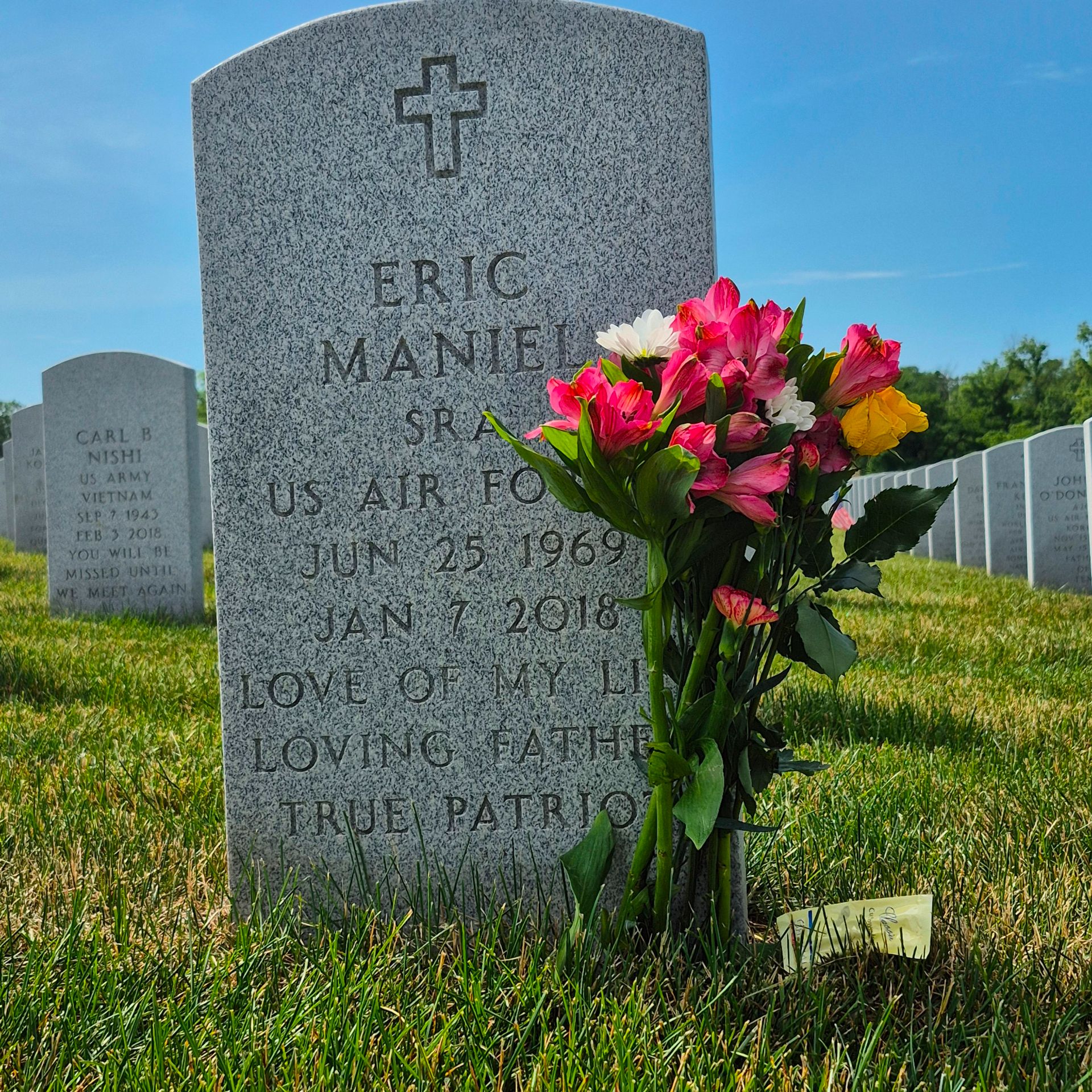 <i class="material-icons" data-template="memories-icon">chat_bubble</i><br/>Eric Maniel, Air Force, <br/>Posted by: Maniel Family<br/><div class='remember-wall-long-description'>We love and miss you, Eric.</div><a class='btn btn-primary btn-sm mt-2 remember-wall-toggle-long-description' onclick='initRememberWallToggleLongDescriptionBtn(this)'>Learn more</a>